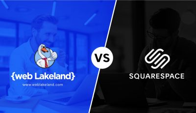 Rectangle split diagonally down the middle. The left side is blue with the {web Lakeland} swan logo. "vs" is in the middle, black text in a white circle. The Squarspace logo is on the right side, white with a black background.